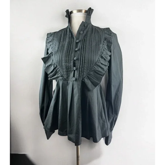 *Flawed* Victorian Choice Black Blouse Steampunk Witchy Goth Button Top Medium - Picture 16 of 16